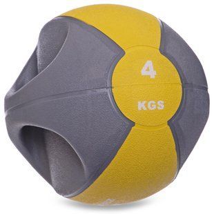 Медбол мяч медицинский двуручный с хватами Zelart FI-2619-4 4кг серый-желтый