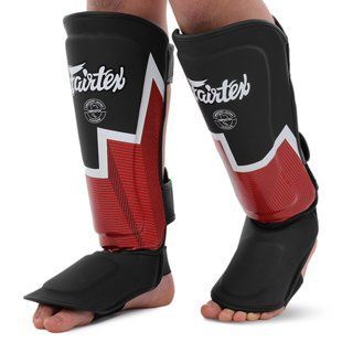 Защита голени и стопы Муай Тай, ММА, Кикбоксинг кожаная FAIRTEX BO-9486 размер M цвет черный-красный
