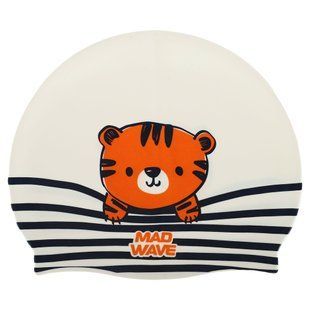 Шапочка для плавания силиконовая юниорская MadWave Junior TIGER M057315 цвет белый