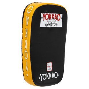Тай-пед ударний для Муай Тай вигнутий з ременями та ручкою шкіра YOKKAO Y-2022 колір жовтий-чорний